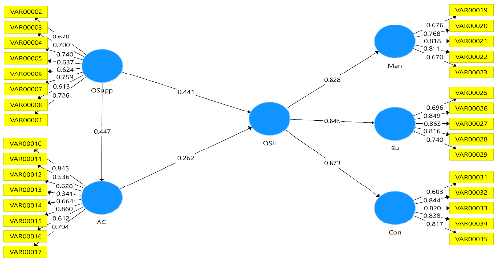 Figure 2. Values of standardized coefficients obtained from structural equation modeling to study the conceptual model